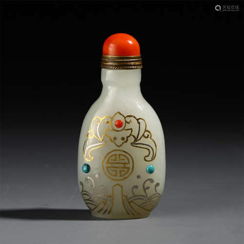 CHINESE GOLD INLAID WHITE JADE SNUFF BOTTLE