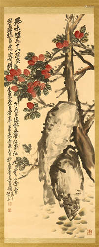 CHINESE SCROLL PAINTING OF FLOWER AND ROCK