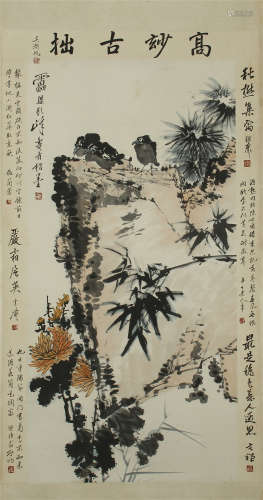 CHINESE SCROLL PAINTING OF BIRD ON ROCK WITH CALLIGRAPHY