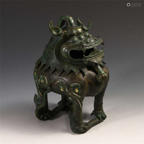 CHINESE ANCIENT BRONZE BEAST INCENSE CAGE