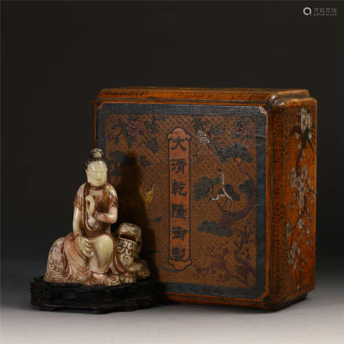 CHINESE COLOR PAINTED SOAPSTONE SEATED GUANYIN