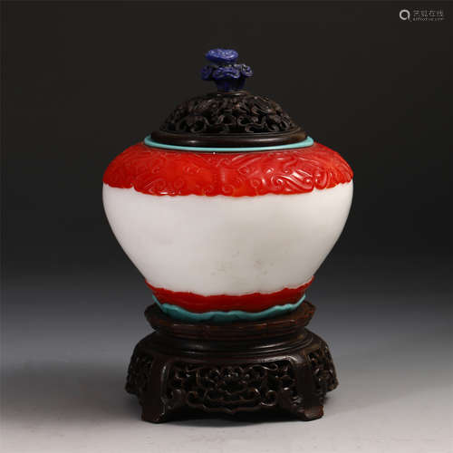 CHINESE THREE COLOR PEKING GLASS WATER JAR