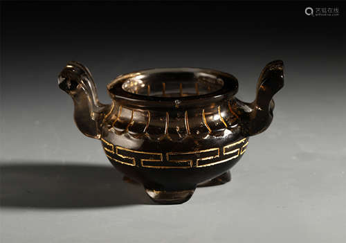 CHINESE BROWN ROCK CRYSTAL HANDLED TRIPLE FEET CENSER