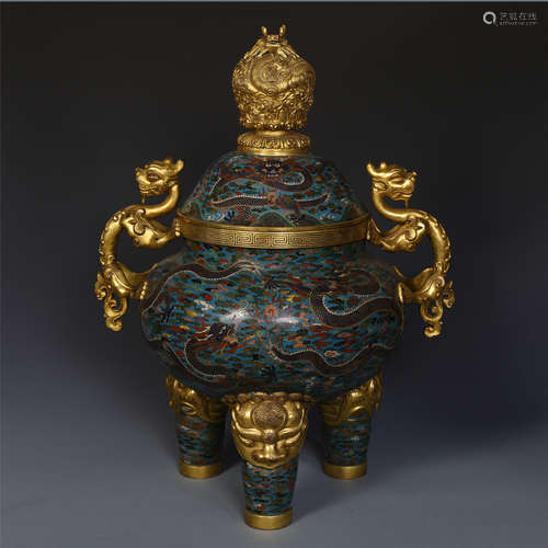 LARGE CHINESE CLOISONNE DRAGON HANDLE TRIPLE FEET LIDDED CENSER