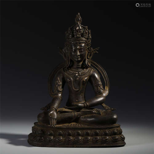 CHINESE SILVER INLAID BRONZE SEATED GUANYIN