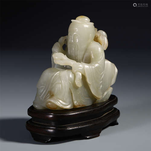 CHINESE GREY JADE SEATED OLD MAN TABLE ITEM