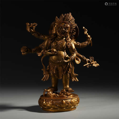 CHINESE GILT BRONZE STANDING BUDDHIST GUARDIAN