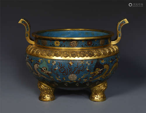 CHINESE CLOISONNE TRIPLE FEET HANDLED CENSER