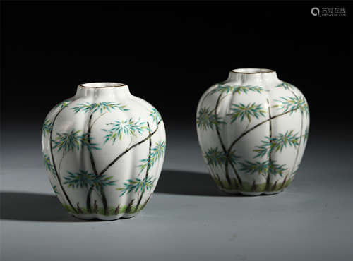 PAIR OF CHINESE PORCELAIN FAMILLE ROSE BAMBOO WATER JADE