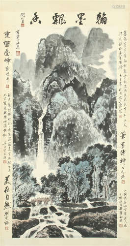 CHINESE SCROLL PAINTING OF MOUNTAIN VIEWS WITH CALLIGRAPHY