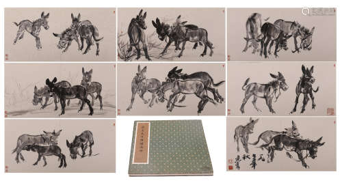 TWEENTY-TWO PAGES OF CHINESE ALBUM PAINTING OF DONKEY