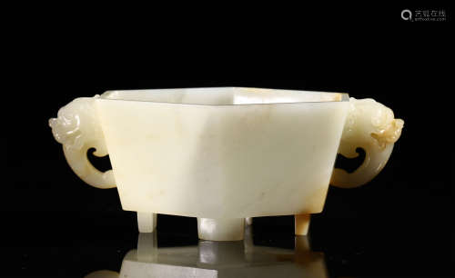CHINESE ANCIENT JADE BEAST HANDLE HEXAGONAL CUP