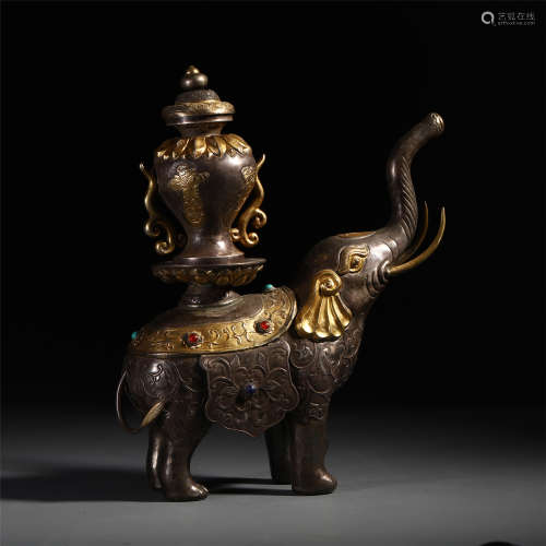 CHINESE GILT SILVER ELEPHANT INCENSE CAGE