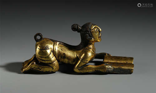 CHINESE GILT BRONZE KNEELING MAN TABLE ITEM