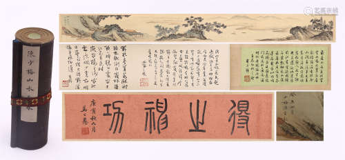 CHINESE HAND SCROLL PAINTING OF RIVER VIEWS WITH CALLIGRAPHY