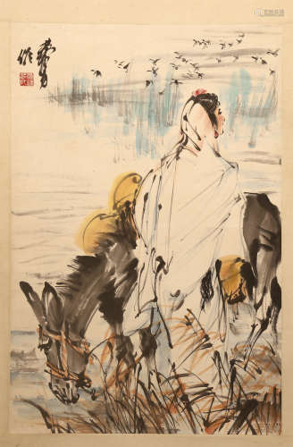 CHINESE SCROLL PAINTING OF GIRL AND DONKEY