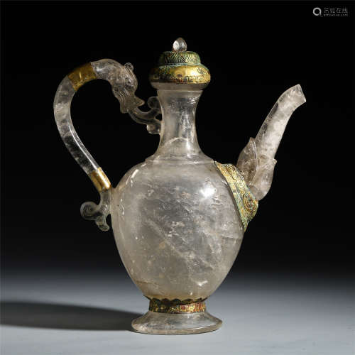 CHINESE GILT BRONZE ROCK CRYSTAL KETTLE