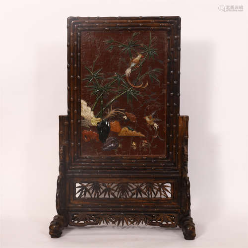 CHINESE GEM STONE INLAID ROSEWOOD TABLE SCREEN