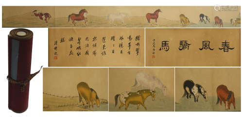CHINESE HAND SCROLL PAINTING OF HORSE WITH CALLIGRAPHY