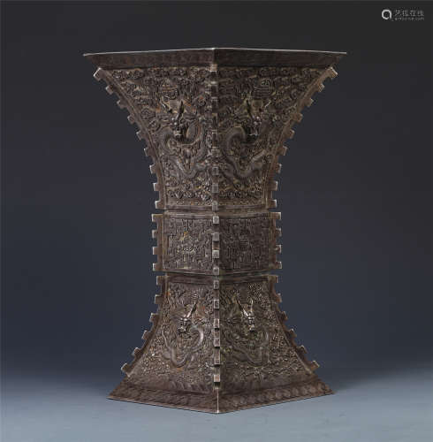 CHINESE SILVER DRAGON SQUARE GU VASE