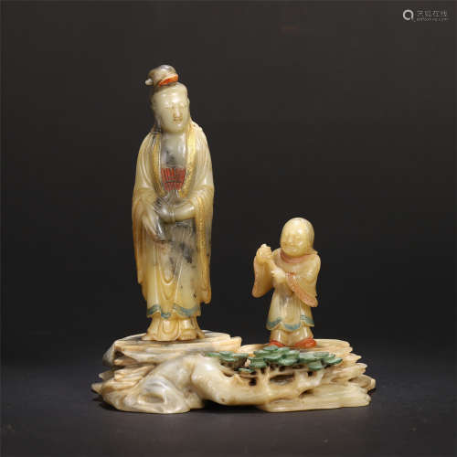 CHINESE SOAPSTONE GUANYIN WITH BOY