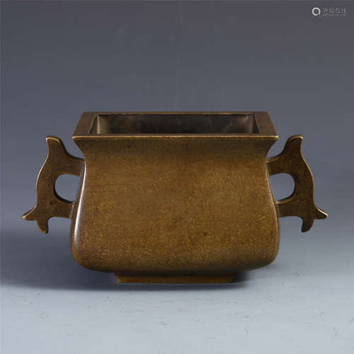 CHINESE BRONZE HANDLED SQUARE CENSER