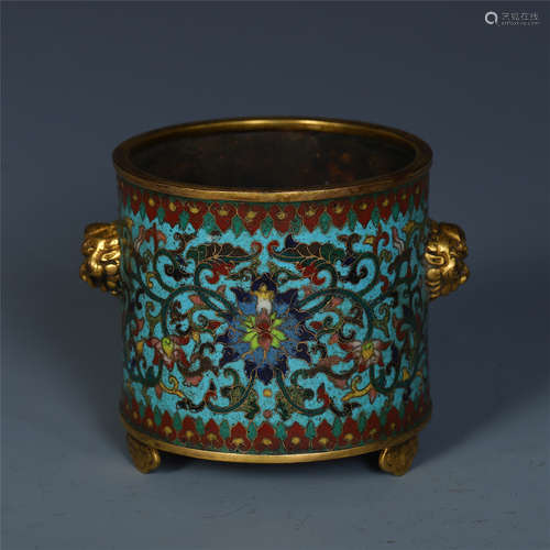 CHINESE CLOISONNE FLOWER LION HEAD BRUSH POT