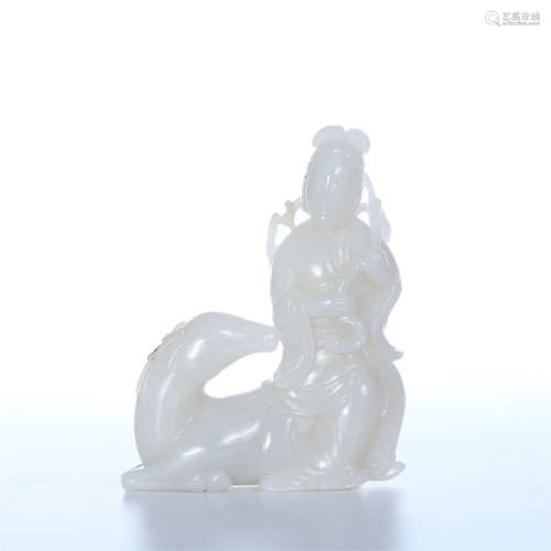 CHINESE WHITE JADE SEATED BEAUTY WITH DEER