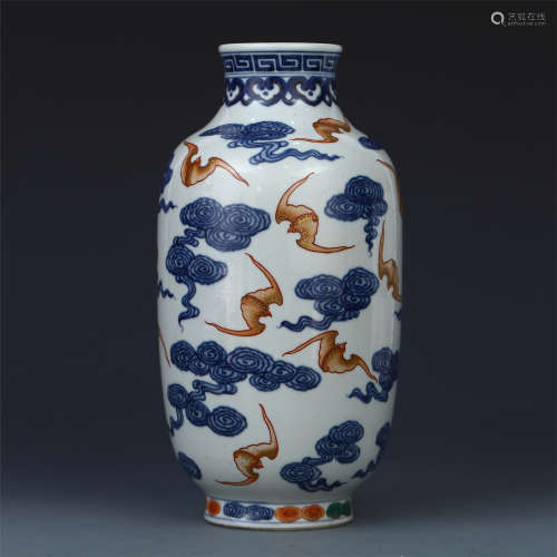 CHINESE PORCELAIN BLUE AND WHITE IRON RED BAT AND CLOUD VASE