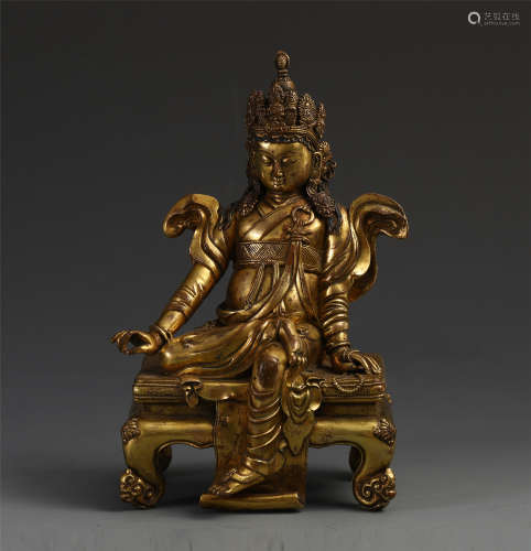 CHINESE GILT BRONZE SEATED GUANYIN ON BENCH