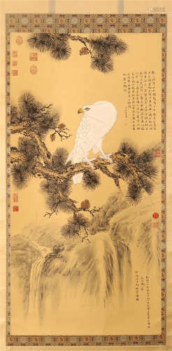 CHINESE SCROLL PAINTING OF EAGLE ON PINE WITH CALLIGRAPHY