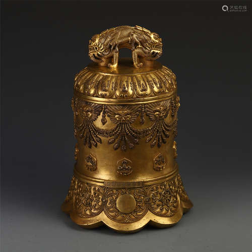 CHINESE GILT BRONZE DRAGON BUDDHIST RITAL BELL