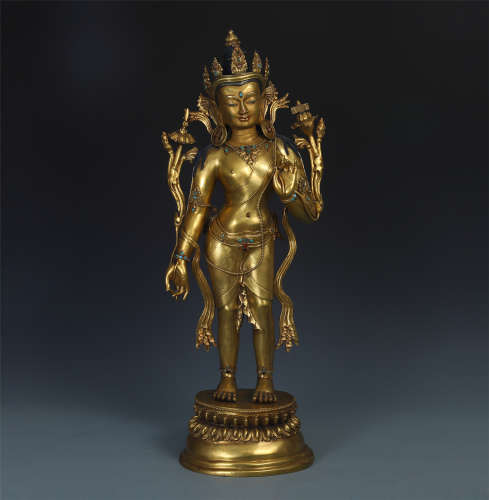 CHINESE GILT BRONZE STANDING GUANYIN WITH LOTUS