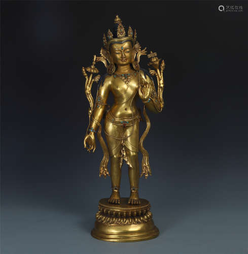 CHINESE GILT BRONZE STANDING GUANYIN WITH LOTUS