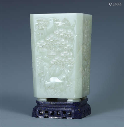 CHINESE CELADON JADE MEN IN MOUNTAIN SQUARE BRUSH POT ON LAPIS BASE