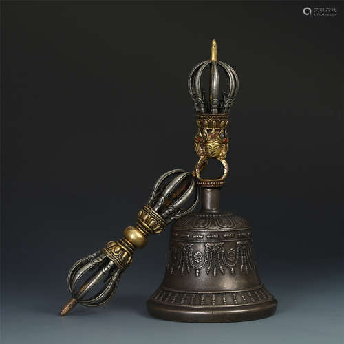 TWO TIBETAN BRONZE BUDDHIST RITAL VARAJ PESTEL AND BELL