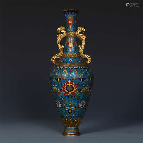 CHINESE CLOISONNE DRAGON HANDLE FLOWER VASE