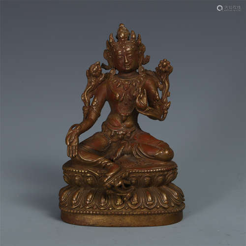 CHINESE GILT BRONZE SEATED GUANYIN ON LOTUS BASE