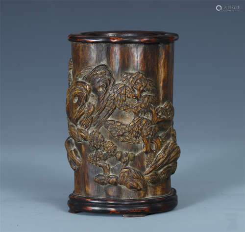 CHINESE HARDWOOD HUANGHUALI MOUNTAIN VIEWS BRUSH POT