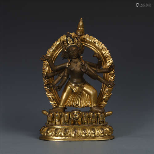 TIBETAN GILT BRONZE STANDING SIX ARM TARA ON LOTUS NICHE