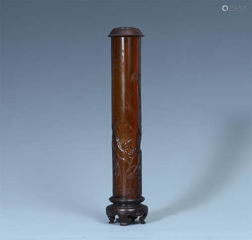 CHINESE BROWN PEKING GLASS INCENSE CONTAINER