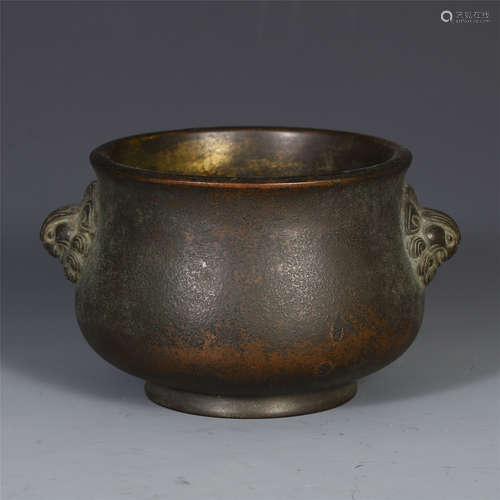 CHINESE BRONZE LION HEAD HANDLE ROUND CENSER