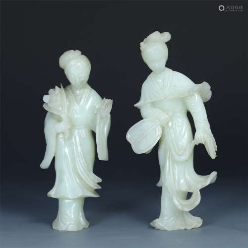 TWO CHINESE JADE STANDING BEAUTY TABLE ITEM