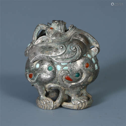 CHINESE GEM STONE INLAID BEAST INCENSE CAGE