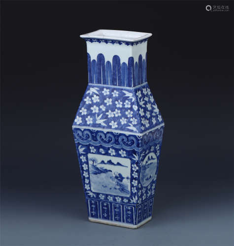 CHINESE PORCELAIN BLUE AND WHITE LAKEVIEWS SQUARE VASE