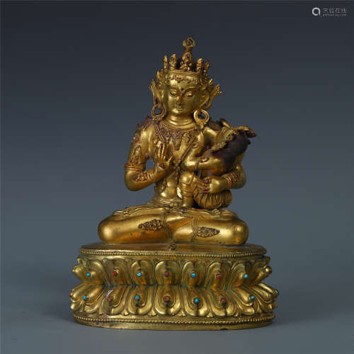 TIBETAN GILT BRONZE SEATED TARA WITH BOY ON LOTUS BASE