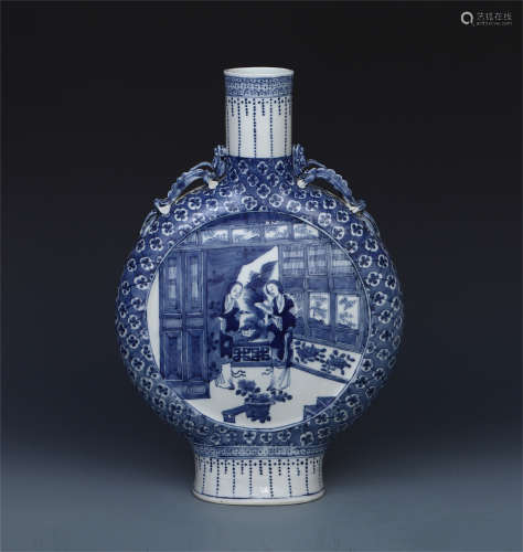 CHINESE PORCELAIN BLUE AND WHITE FIGURES MOONFLASK
