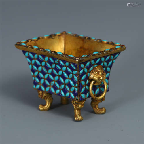 CHINESE TURQUOISE INLAID GILT BRONZE LOOP HANDLE SQUARE CENSER