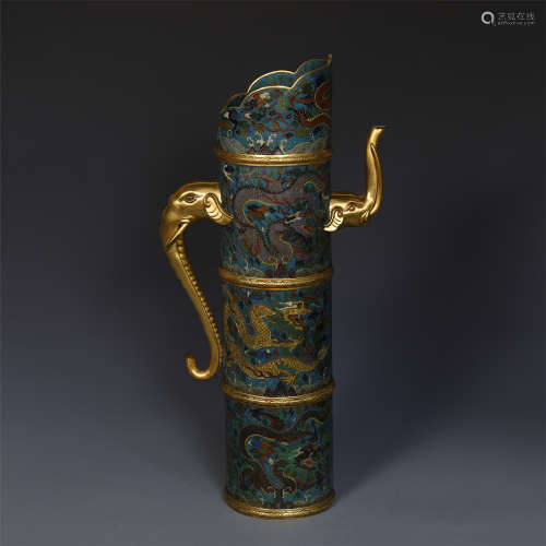 CHINESE CLOISONNE ELEPHANT TRUNK HANDLE DRAGON CYLINDERIAL KETTLE