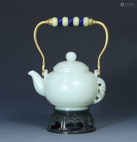 CHINESE AMBER LAPIS GILT BRONZE HANDLE WHITE JADE TEA POT
